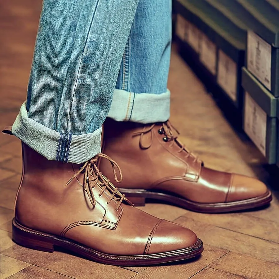 7CM/2.76 Inches CMR CHAMARIPA Men’s Elevator Boots - Premium Yellow Brown Shell Cordovan Leather Cap Toe Derby