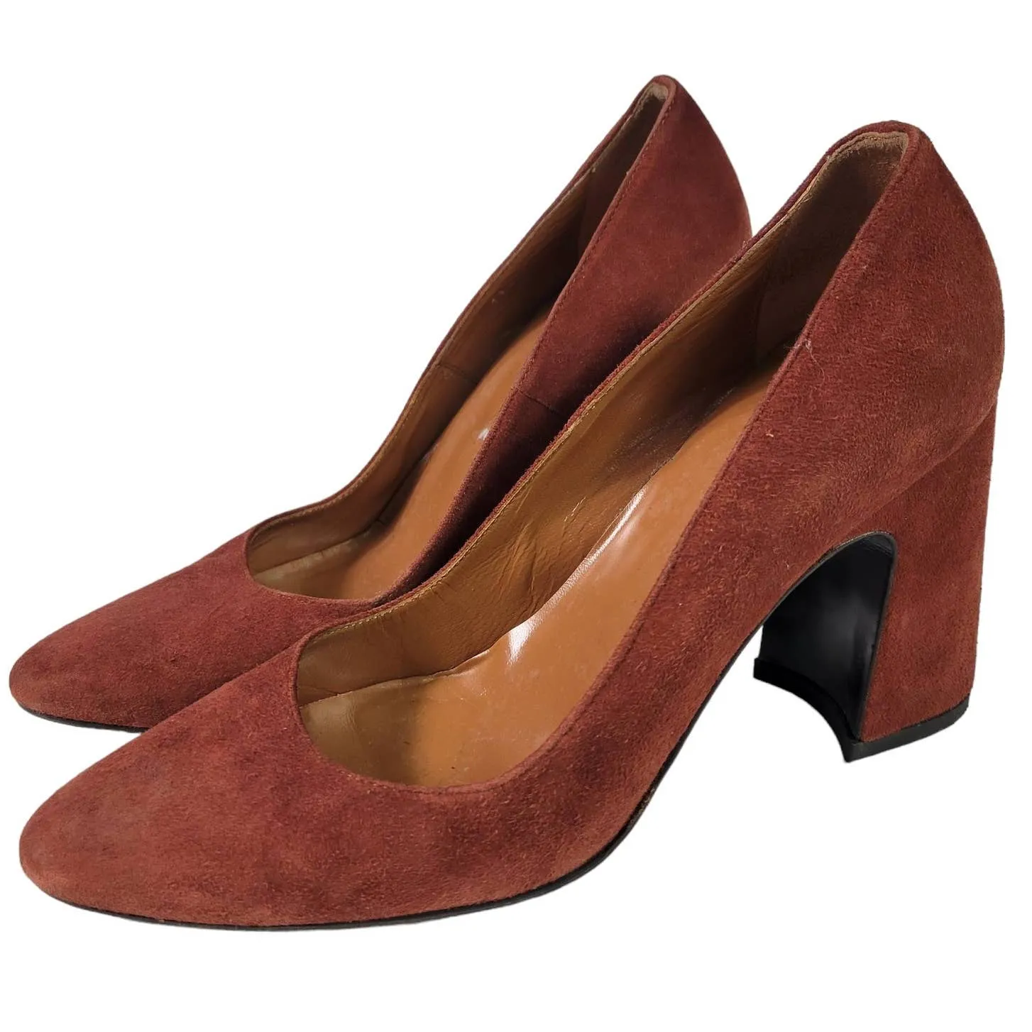 Aquatalia Neely Suede Heels Brown Leather Block Almond Semi Pointed Toe Italy Size 7