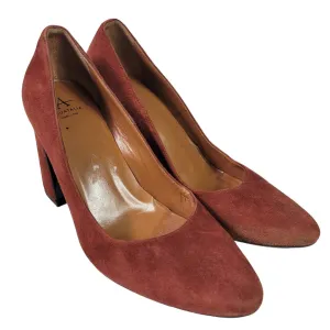 Aquatalia Neely Suede Heels Brown Leather Block Almond Semi Pointed Toe Italy Size 7
