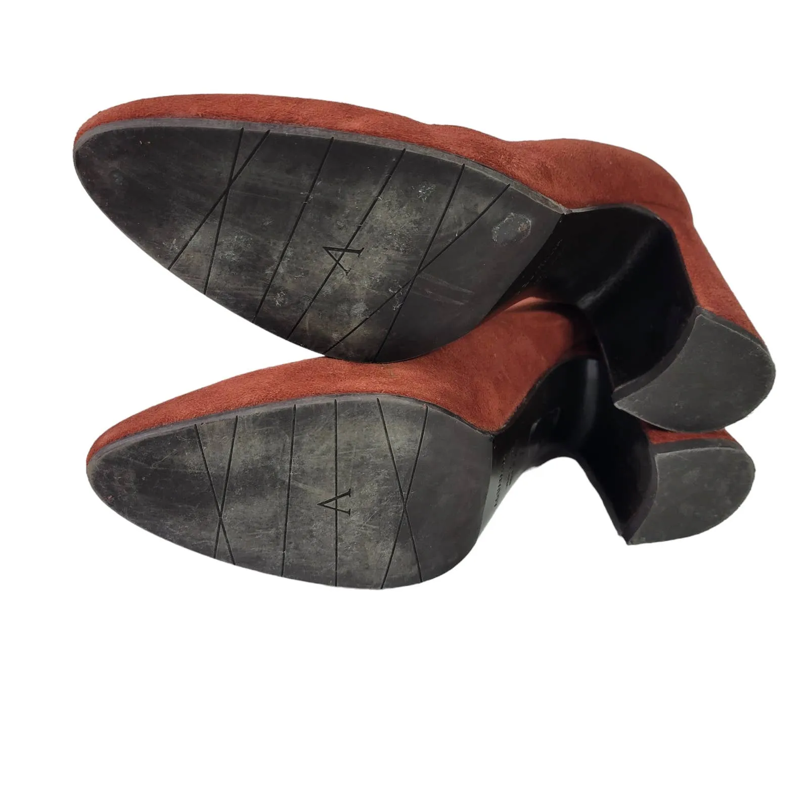 Aquatalia Neely Suede Heels Brown Leather Block Almond Semi Pointed Toe Italy Size 7