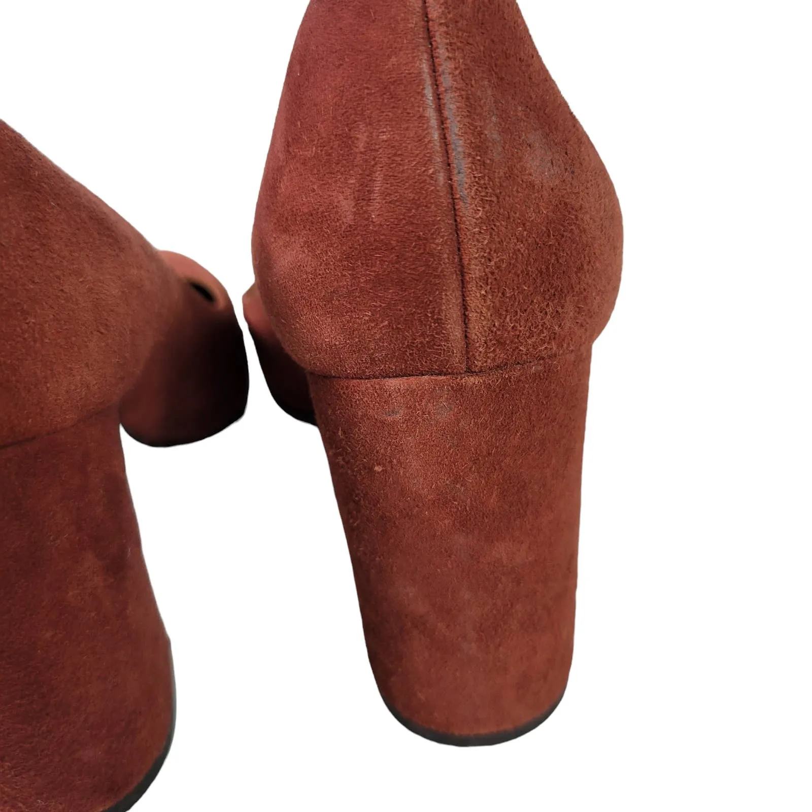 Aquatalia Neely Suede Heels Brown Leather Block Almond Semi Pointed Toe Italy Size 7