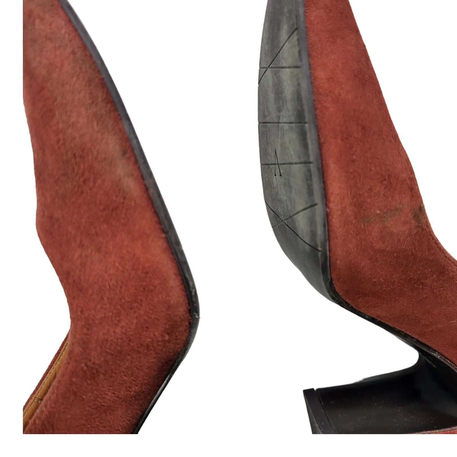 Aquatalia Neely Suede Heels Brown Leather Block Almond Semi Pointed Toe Italy Size 7
