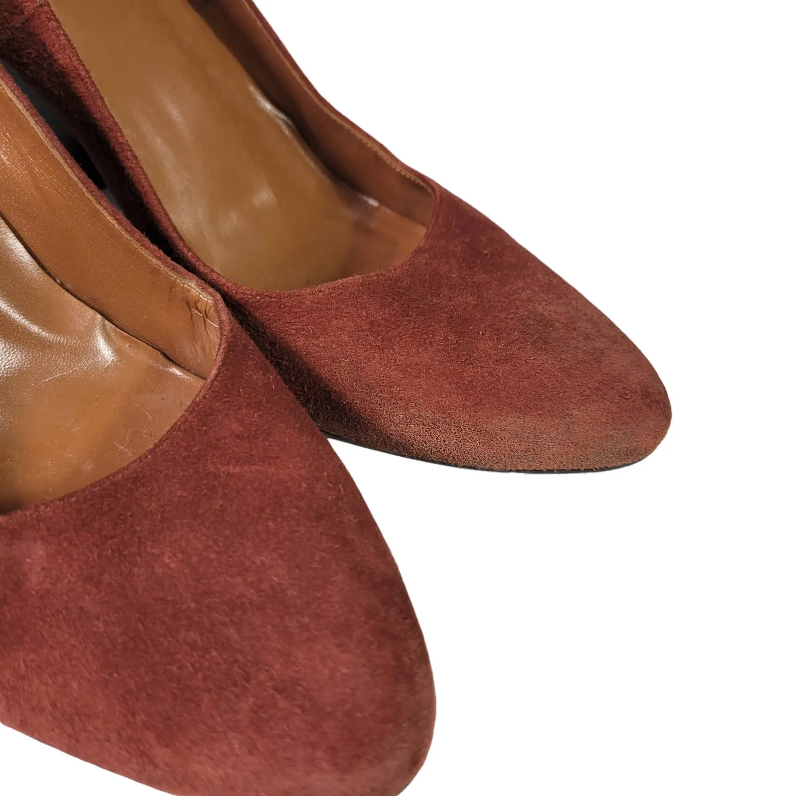 Aquatalia Neely Suede Heels Brown Leather Block Almond Semi Pointed Toe Italy Size 7