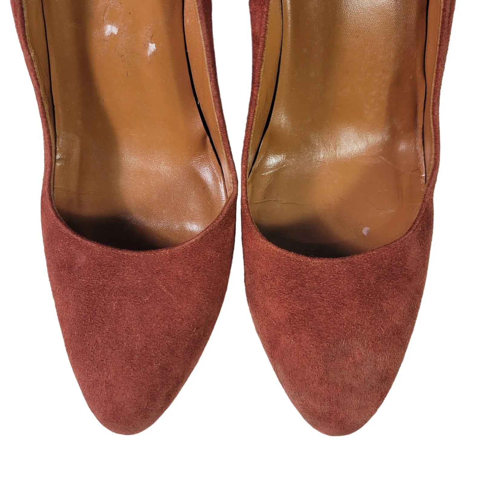 Aquatalia Neely Suede Heels Brown Leather Block Almond Semi Pointed Toe Italy Size 7