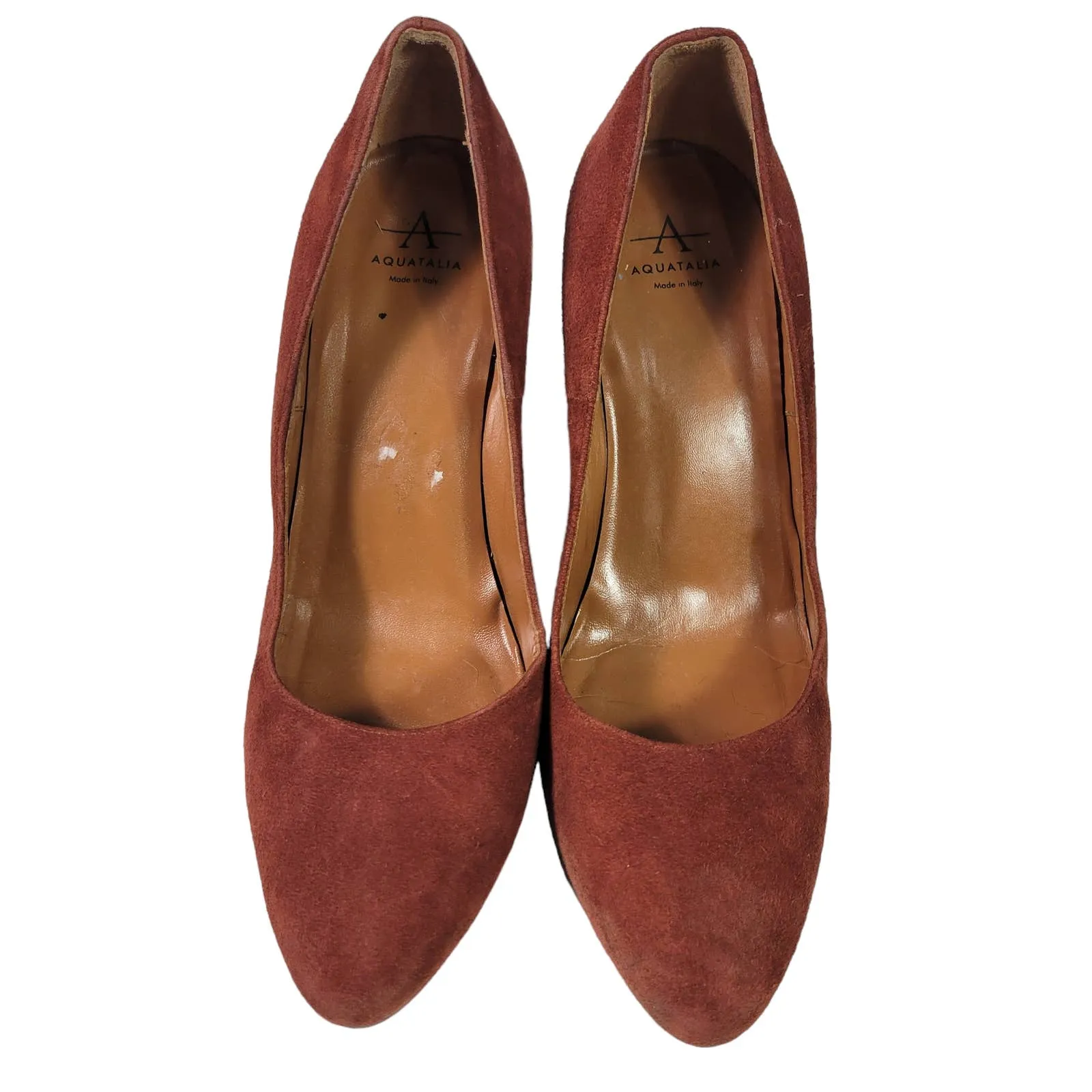 Aquatalia Neely Suede Heels Brown Leather Block Almond Semi Pointed Toe Italy Size 7