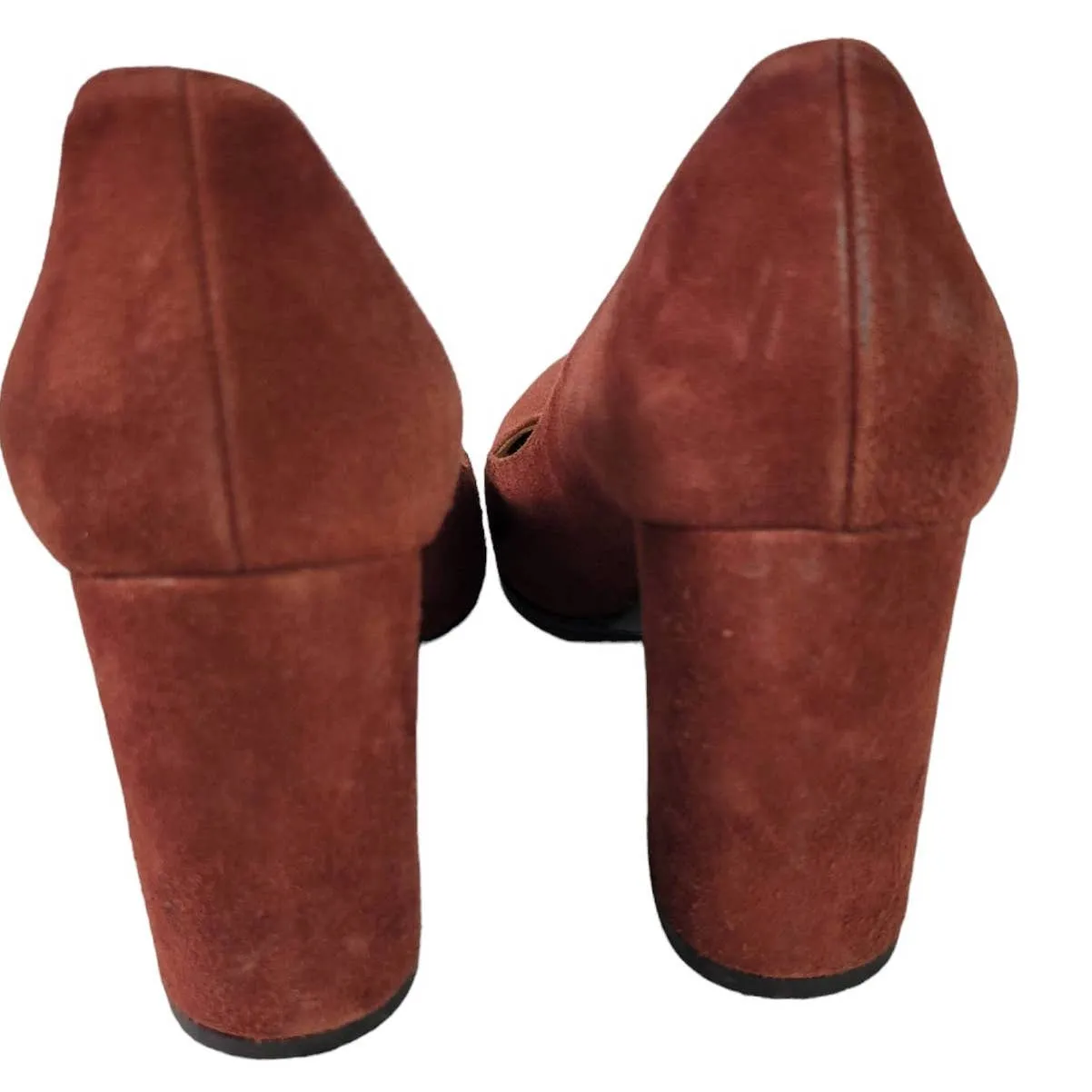 Aquatalia Neely Suede Heels Brown Leather Block Almond Semi Pointed Toe Italy Size 7