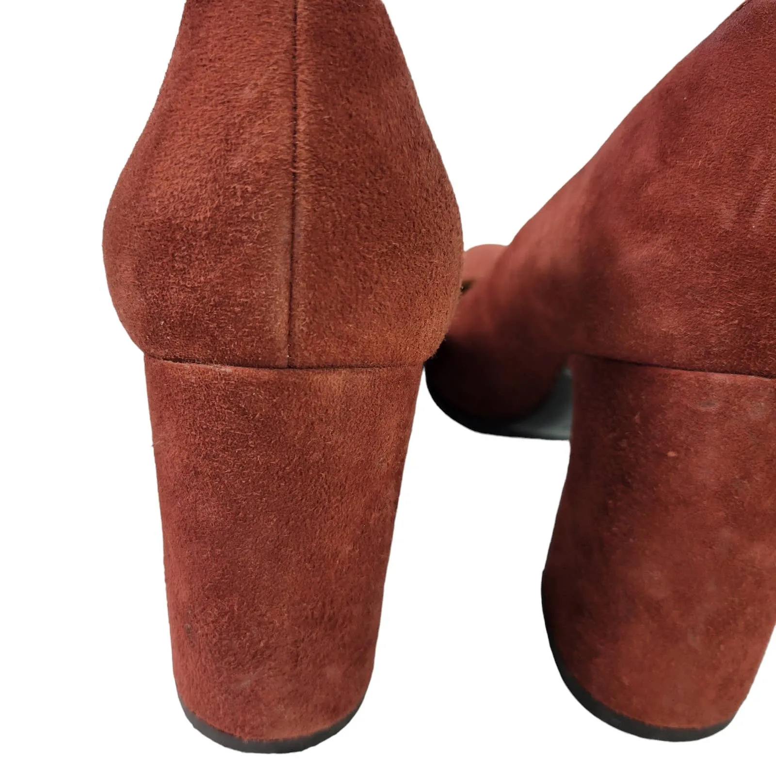 Aquatalia Neely Suede Heels Brown Leather Block Almond Semi Pointed Toe Italy Size 7