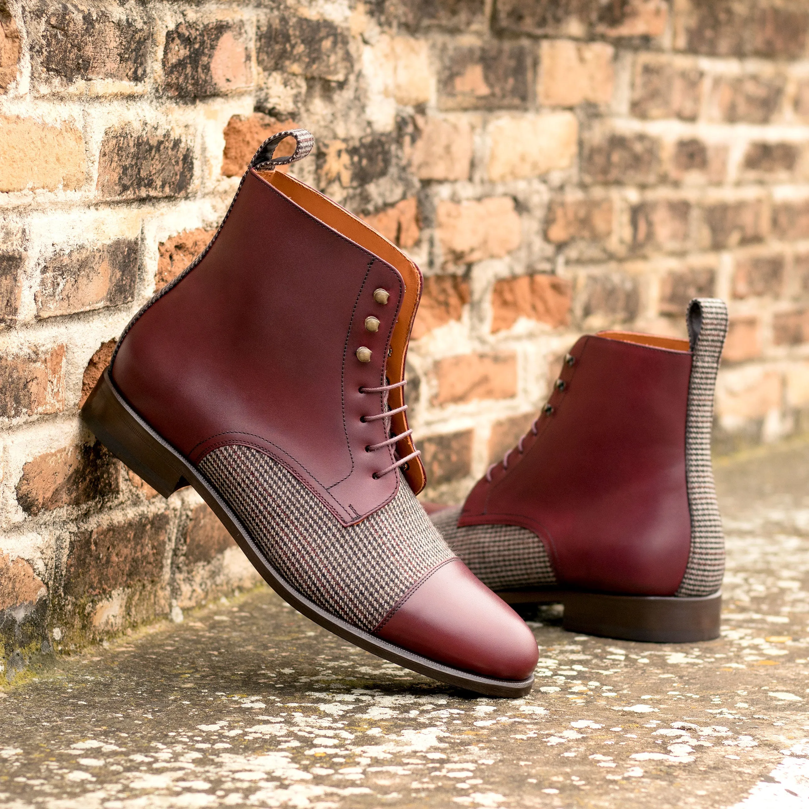 Burgundy Calf & Tweed Fabric Cap Toe Boots