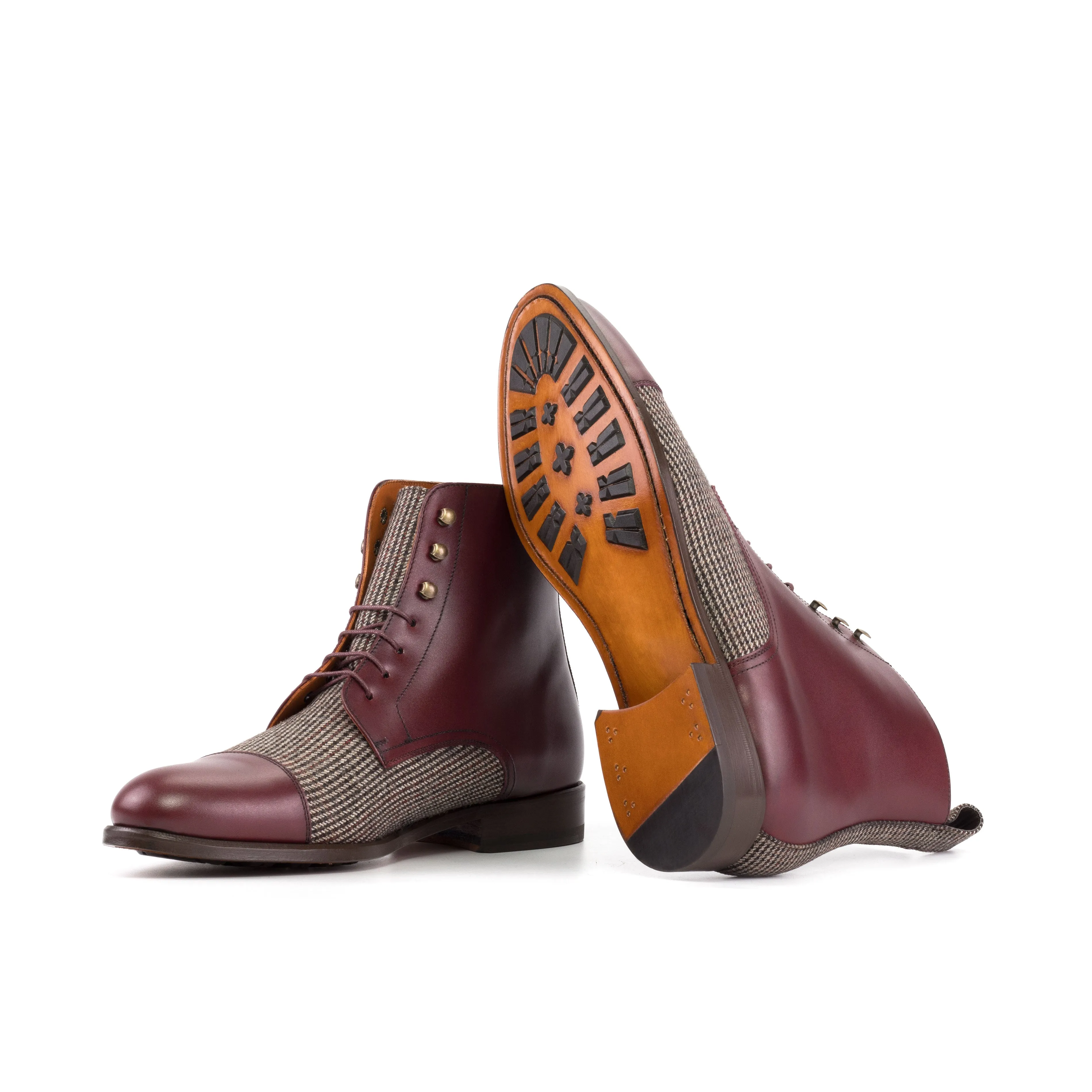 Burgundy Calf & Tweed Fabric Cap Toe Boots