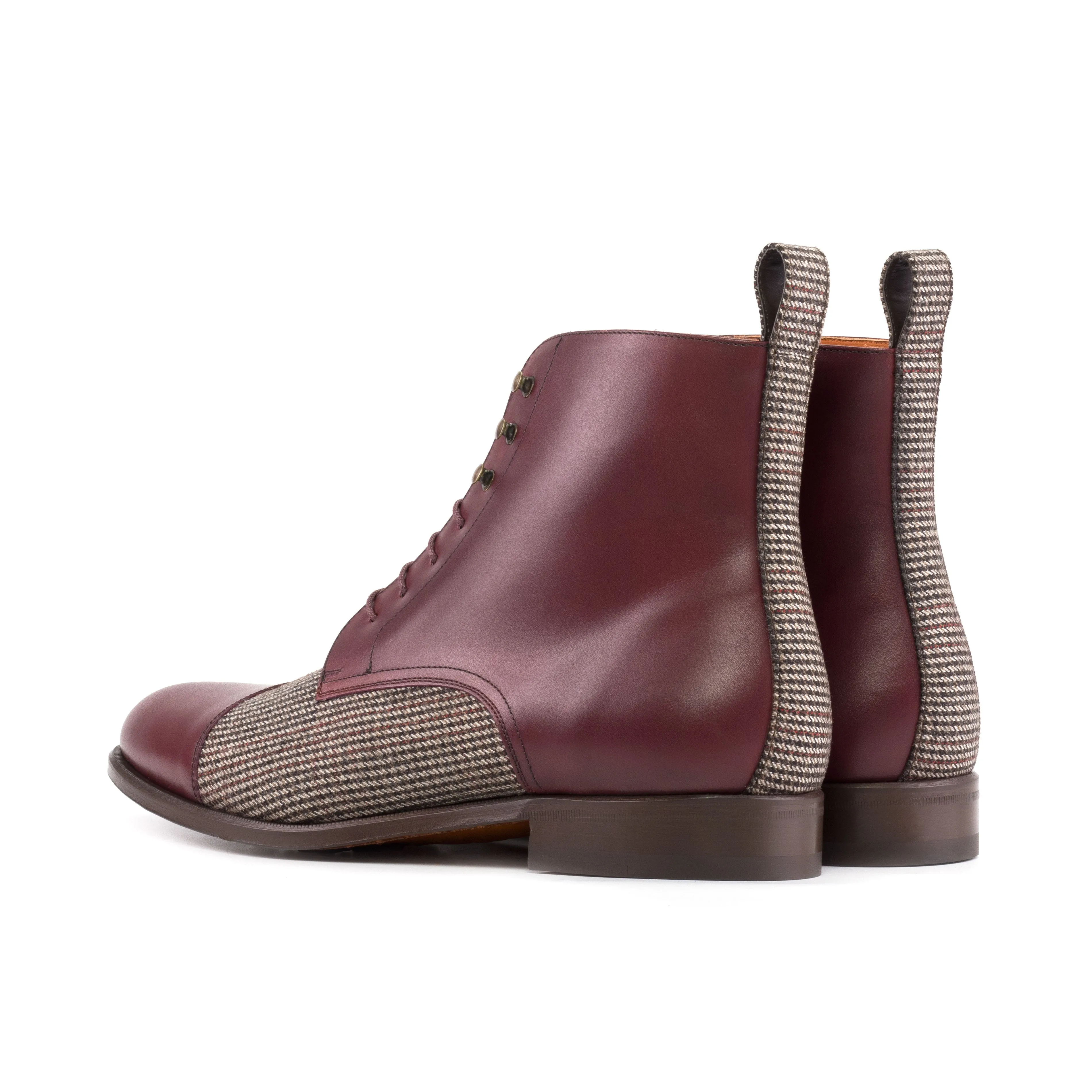 Burgundy Calf & Tweed Fabric Cap Toe Boots