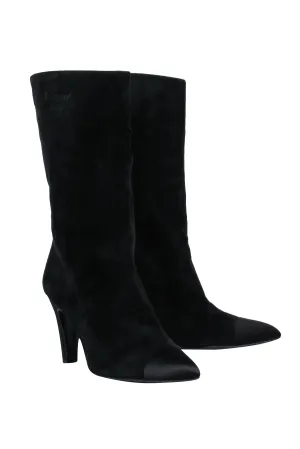 Chanel - Cap Toe Mid-Calf Black Suede Boots w/ Embroidery Sz 8