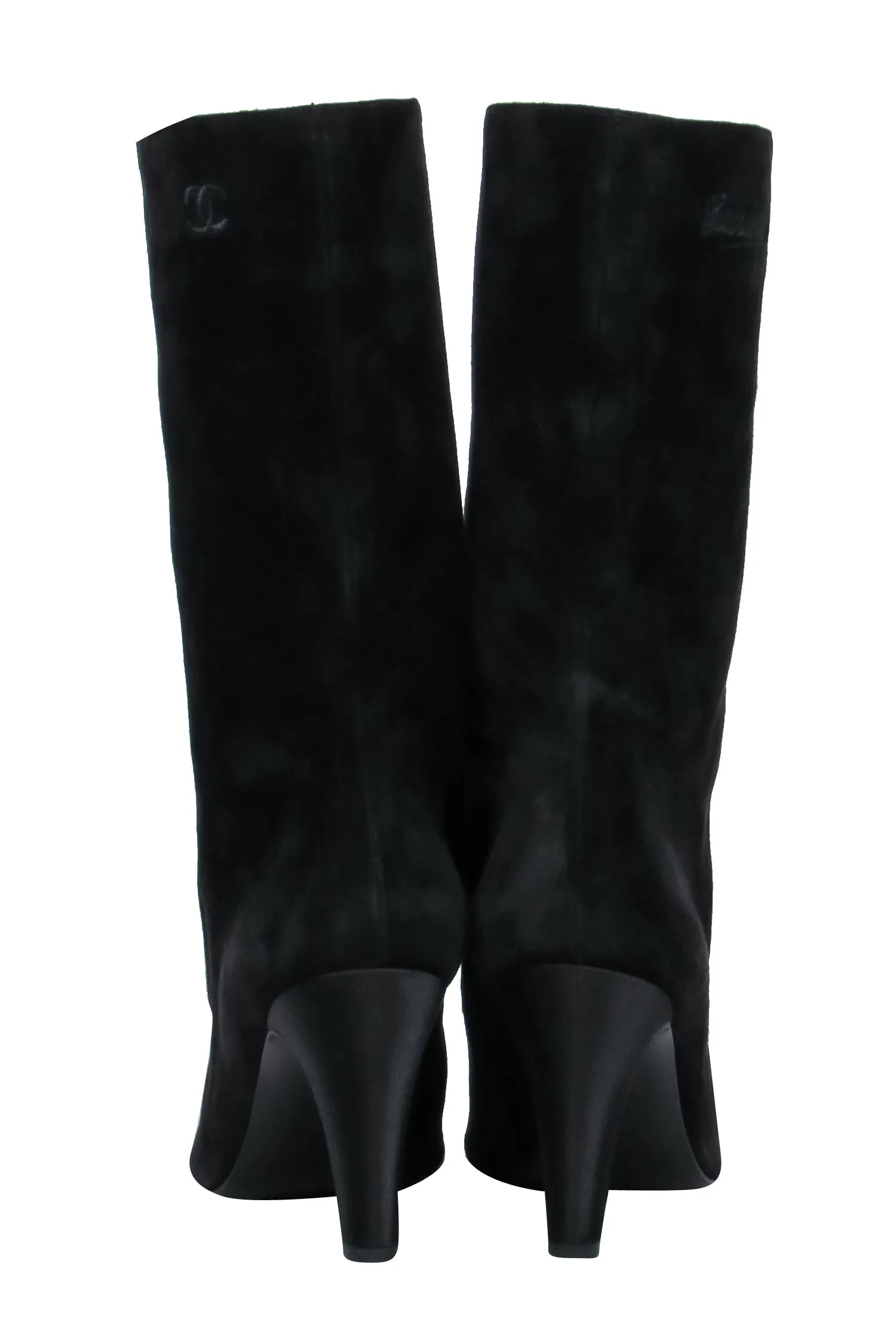 Chanel - Cap Toe Mid-Calf Black Suede Boots w/ Embroidery Sz 8