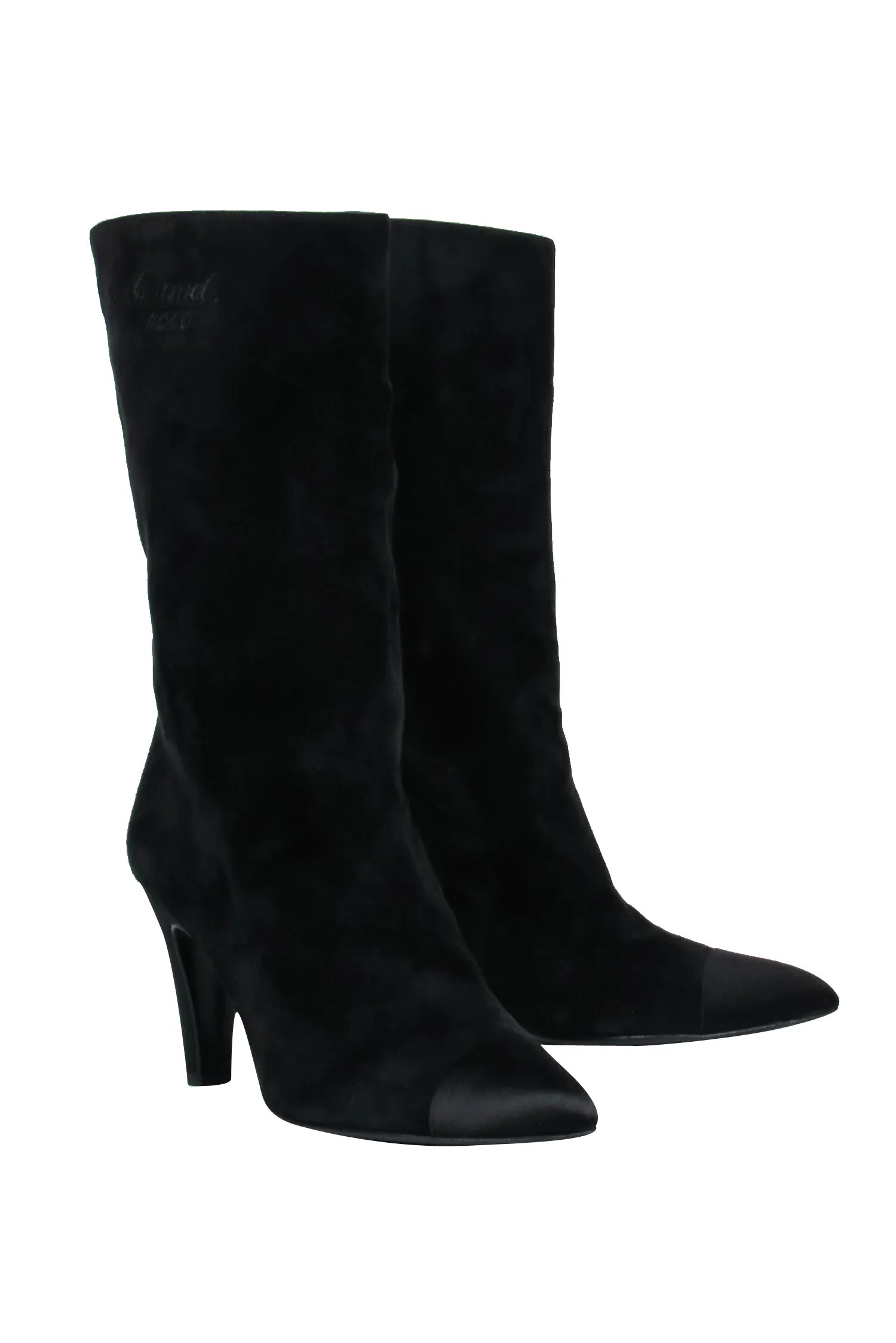 Chanel - Cap Toe Mid-Calf Black Suede Boots w/ Embroidery Sz 8