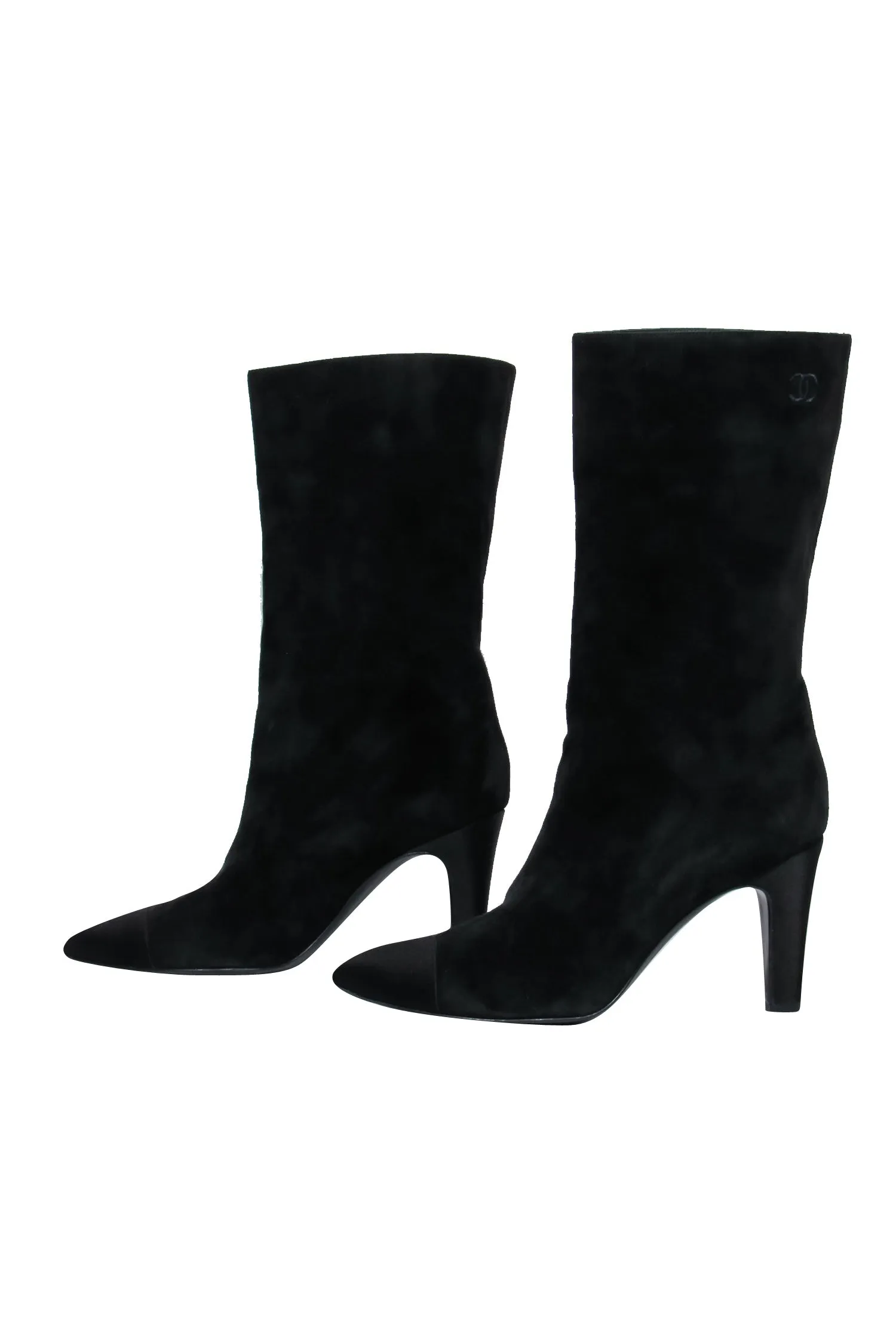 Chanel - Cap Toe Mid-Calf Black Suede Boots w/ Embroidery Sz 8