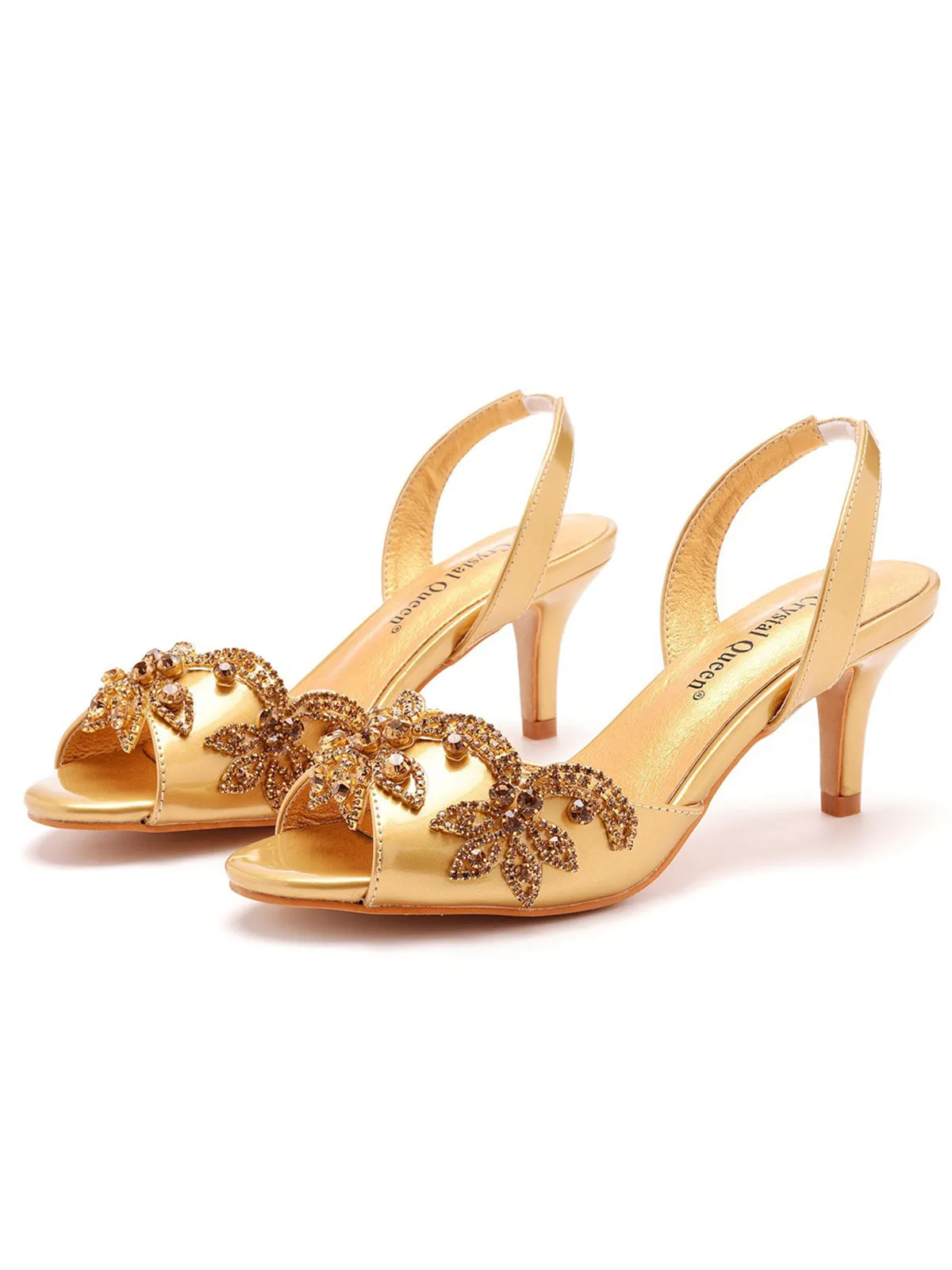 Charming Gold Rhinestone Decor Peep Toe Slingback Pumps
