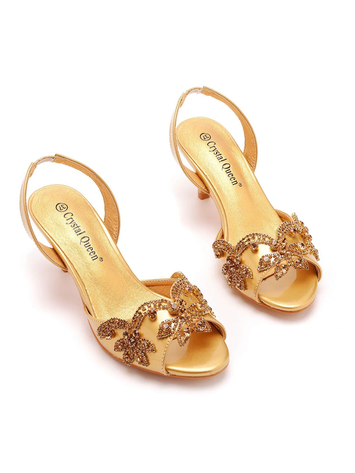Charming Gold Rhinestone Decor Peep Toe Slingback Pumps