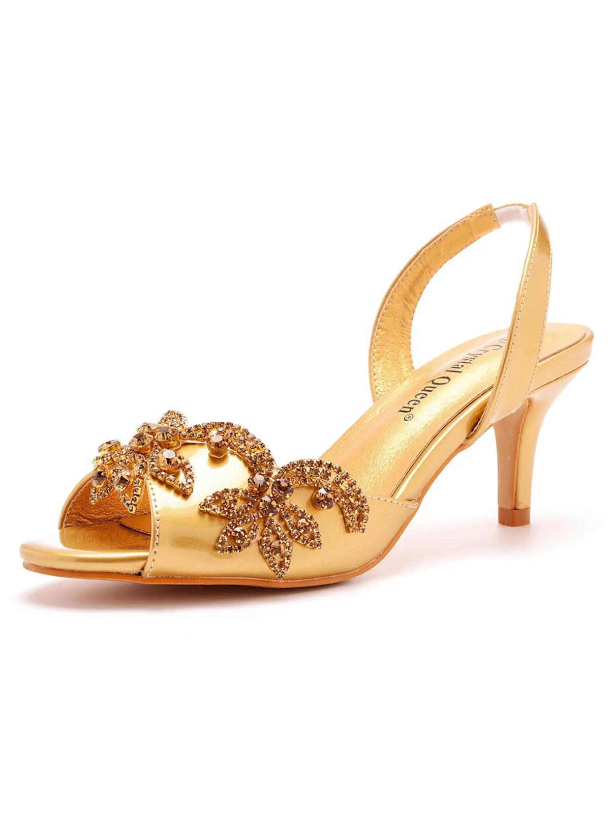 Charming Gold Rhinestone Decor Peep Toe Slingback Pumps