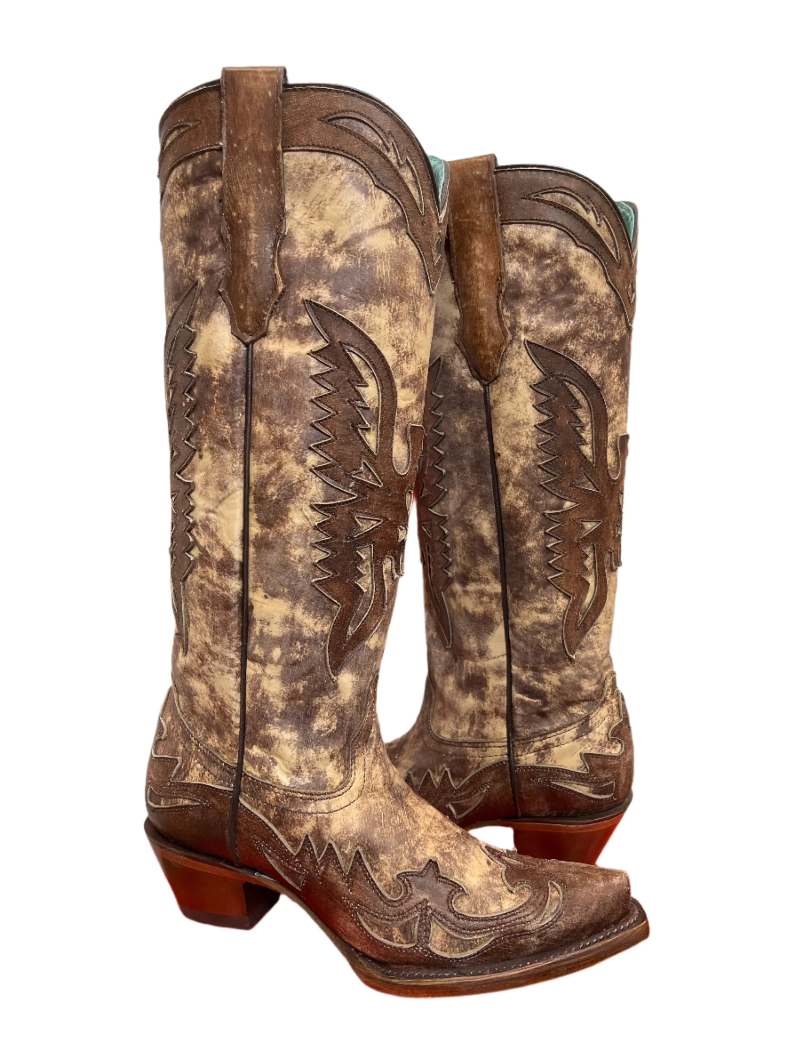 Corral Women's Taupe Brown Eagle Overlay Snip Toe Cowgirl Boots A4303