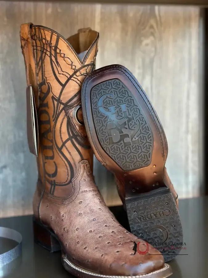 CUDRA OSTRICH LUGANO BROWN EMBROIDERY LASER WOVEN SQUARE TOE BOOT