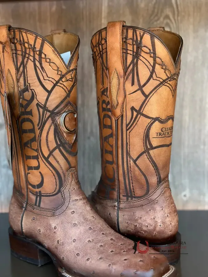CUDRA OSTRICH LUGANO BROWN EMBROIDERY LASER WOVEN SQUARE TOE BOOT