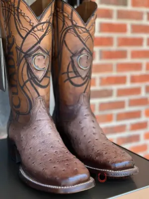 CUDRA OSTRICH LUGANO BROWN EMBROIDERY LASER WOVEN SQUARE TOE BOOT