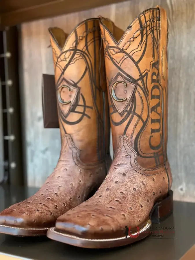 CUDRA OSTRICH LUGANO BROWN EMBROIDERY LASER WOVEN SQUARE TOE BOOT