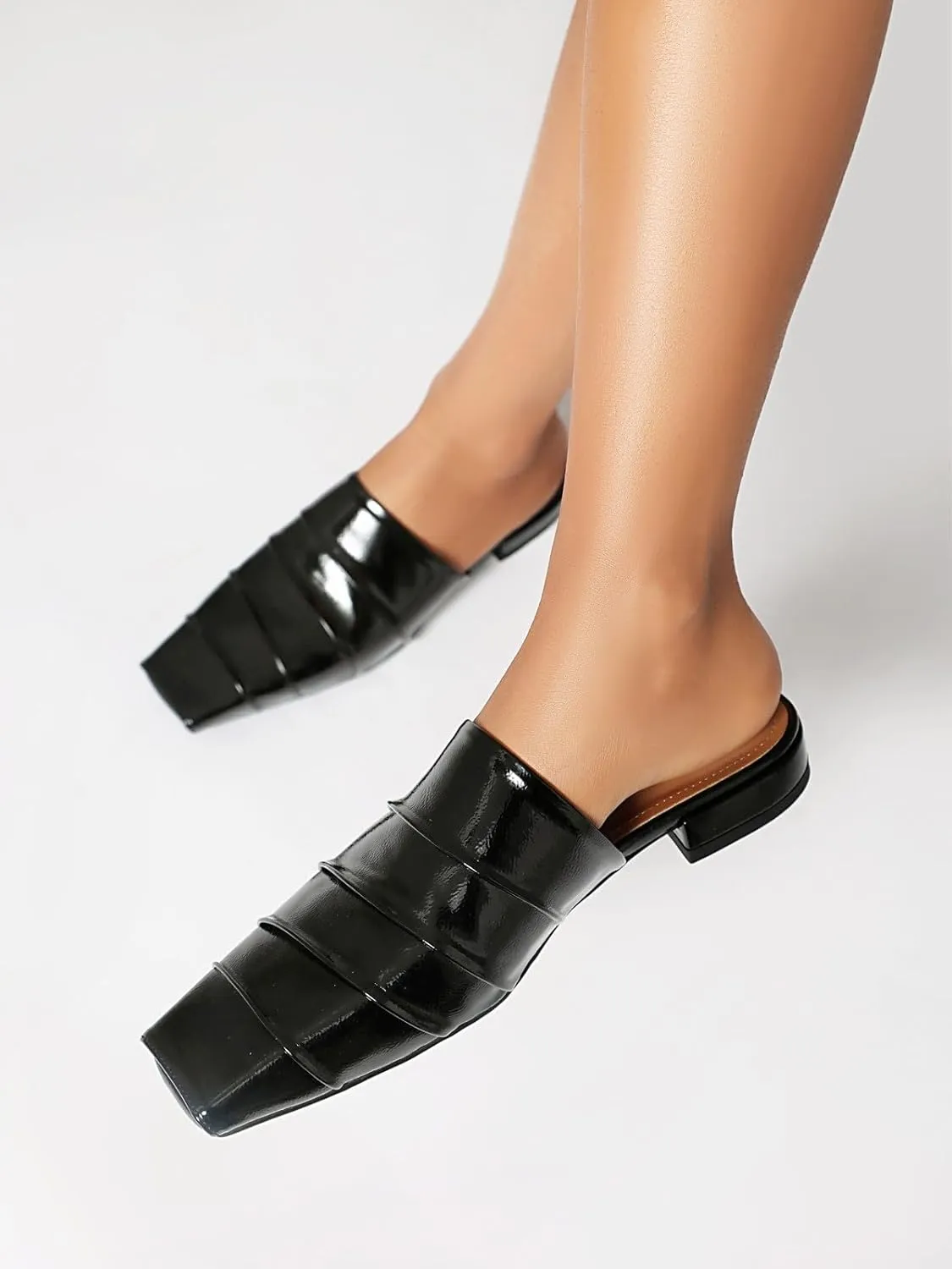 Mules for Women Square Peep Toe Comfortable Casual Backless Slip On Flat Dress Shoes