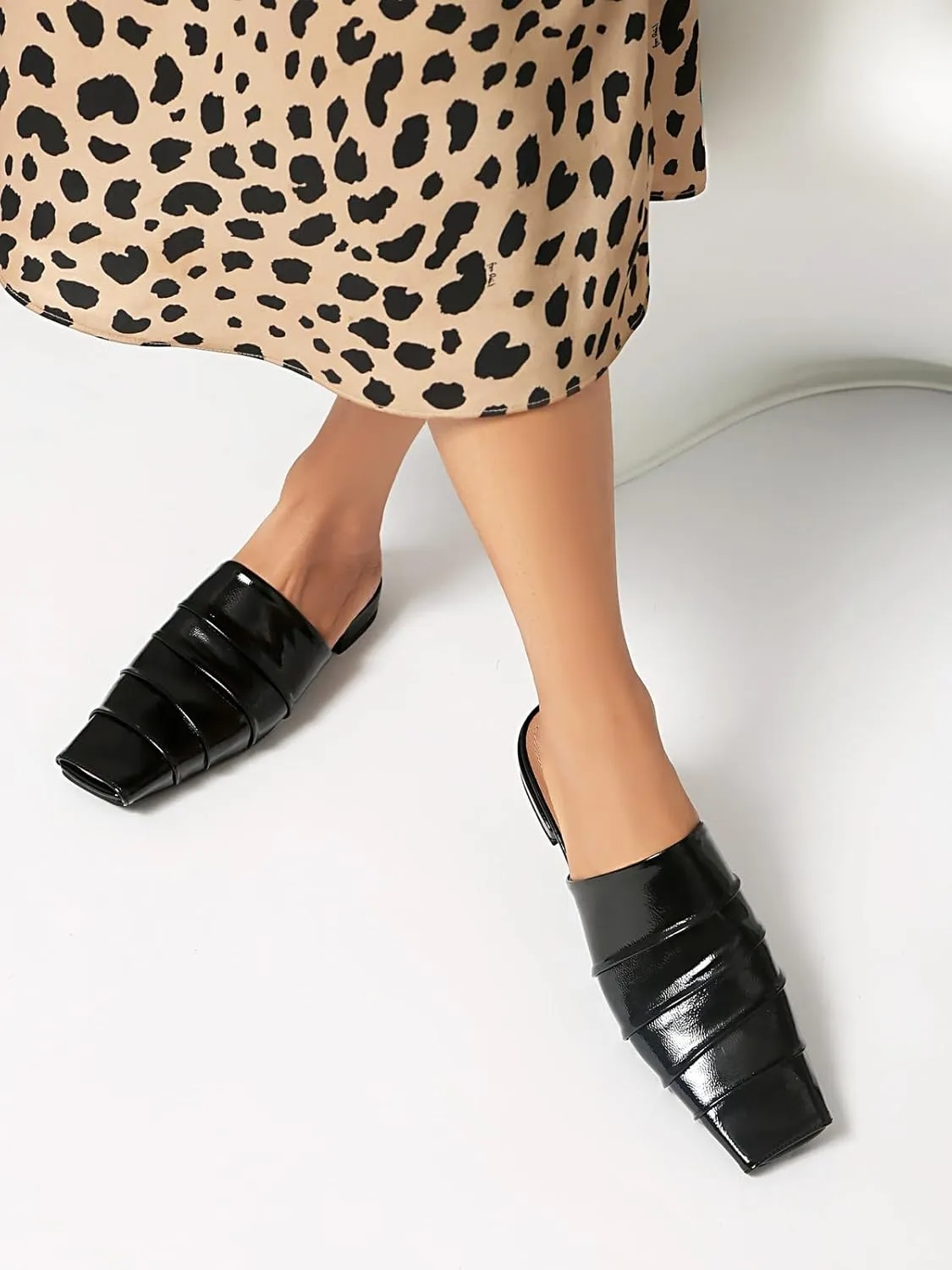 Mules for Women Square Peep Toe Comfortable Casual Backless Slip On Flat Dress Shoes