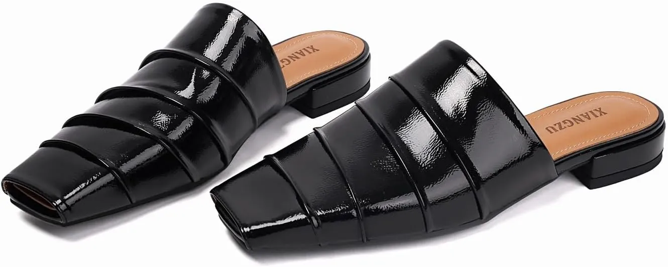 Mules for Women Square Peep Toe Comfortable Casual Backless Slip On Flat Dress Shoes