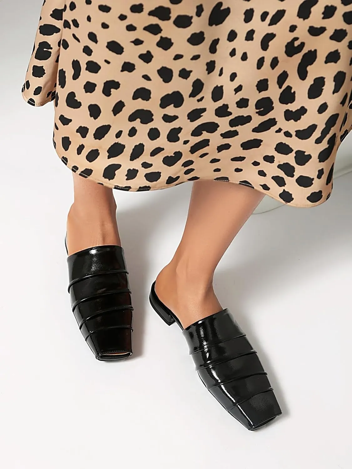 Mules for Women Square Peep Toe Comfortable Casual Backless Slip On Flat Dress Shoes
