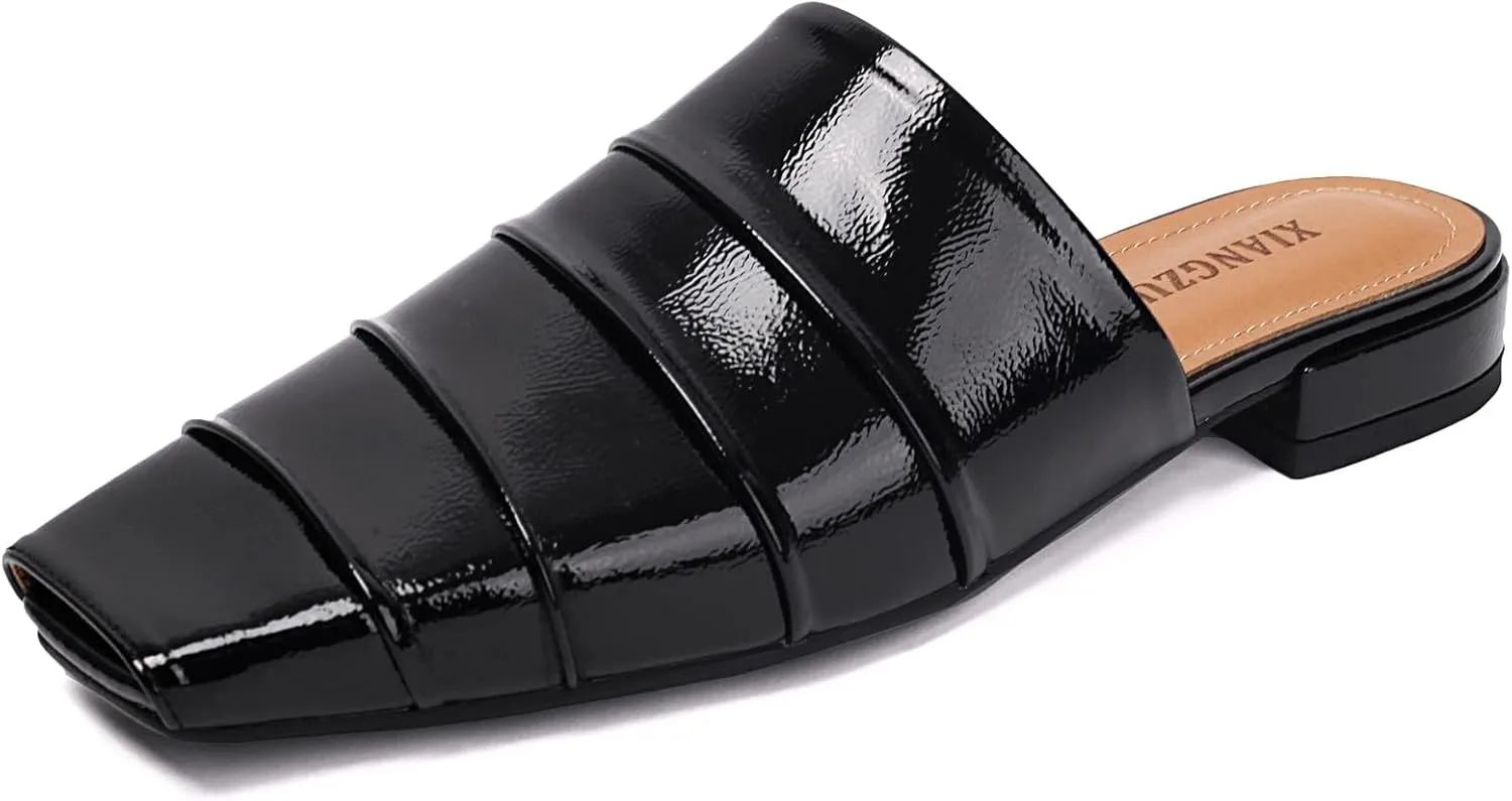Mules for Women Square Peep Toe Comfortable Casual Backless Slip On Flat Dress Shoes