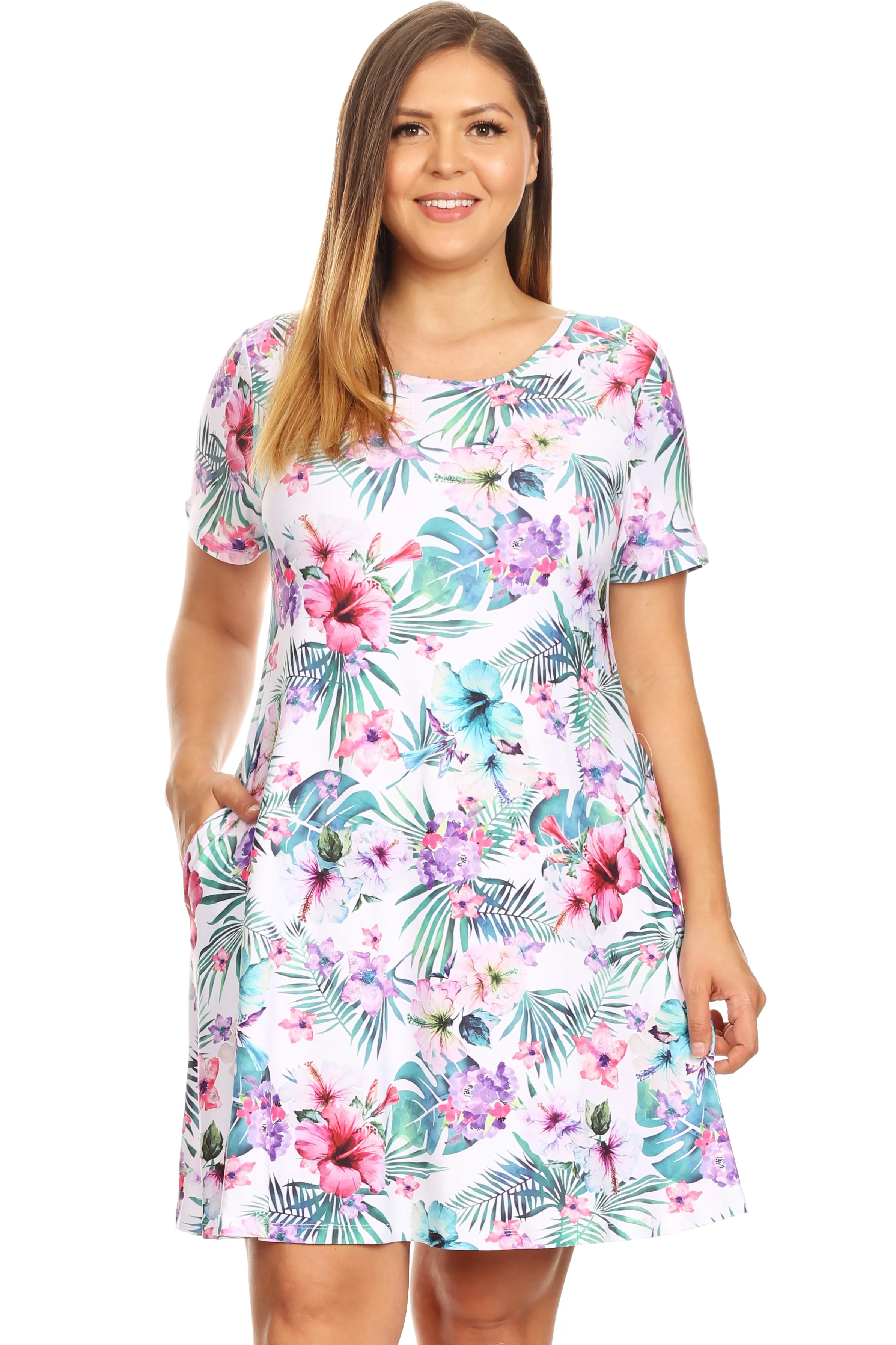 Plus Size Tropical Floral Short Sleeve Skater Dress