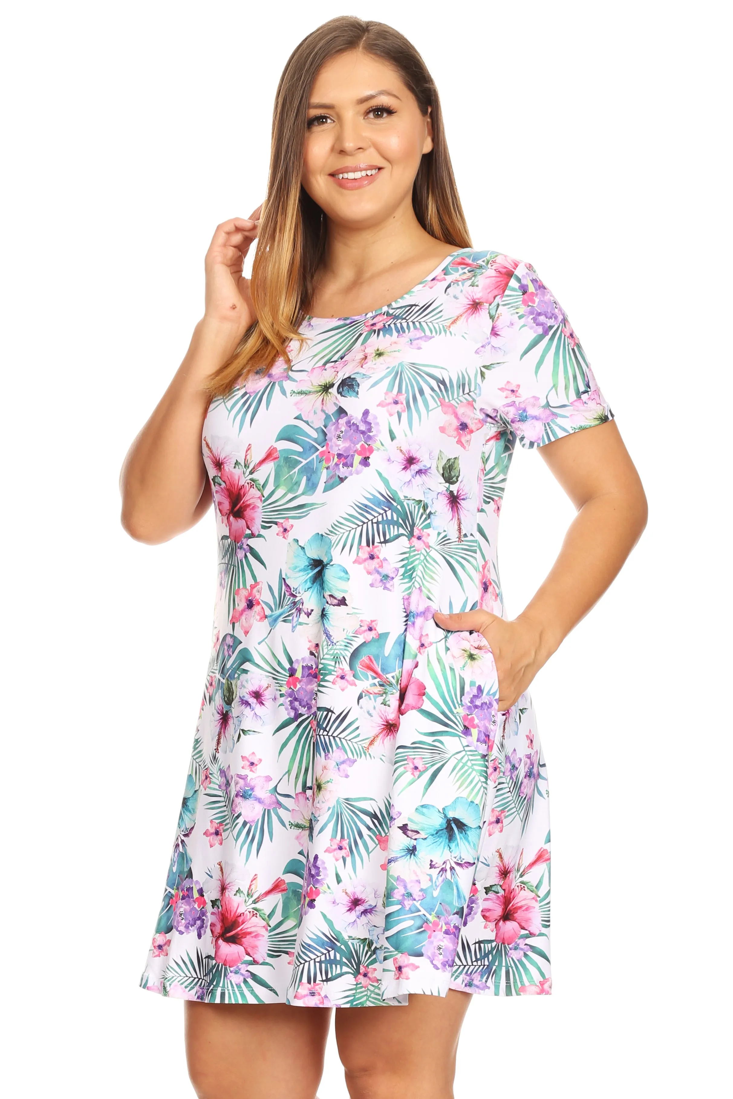 Plus Size Tropical Floral Short Sleeve Skater Dress