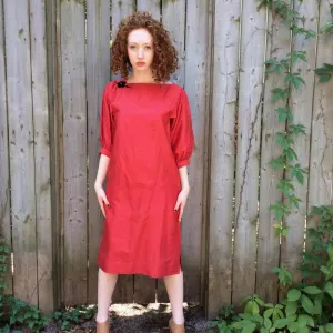 Puffy Sleeve Red Silk Midi Dress Small/Medium