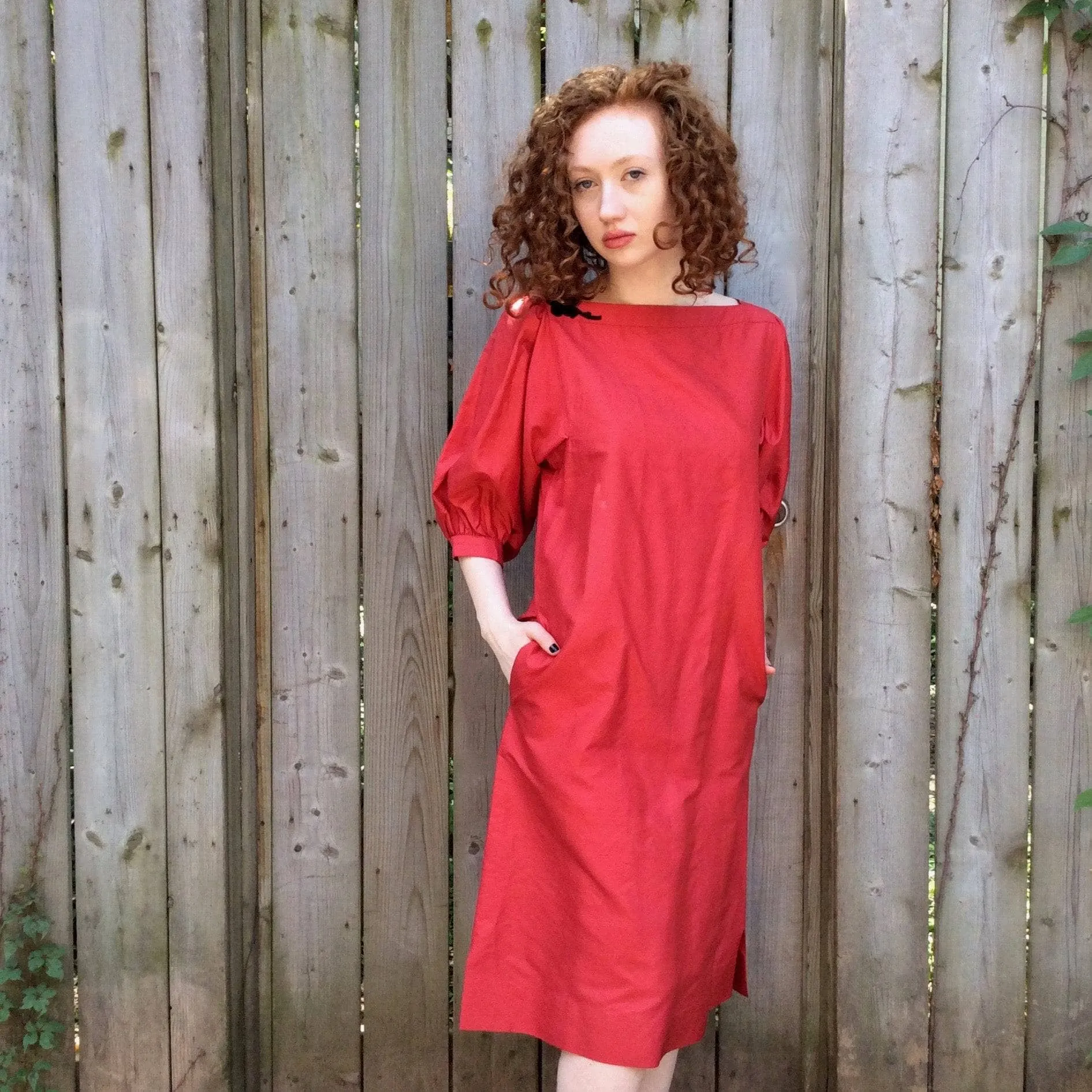 Puffy Sleeve Red Silk Midi Dress Small/Medium