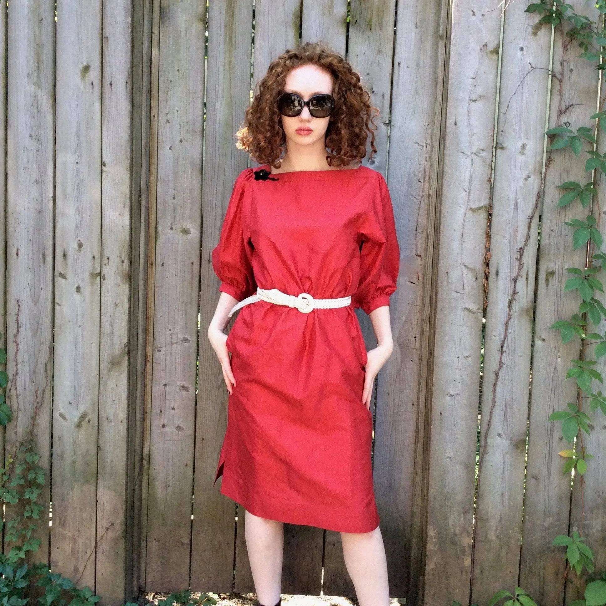 Puffy Sleeve Red Silk Midi Dress Small/Medium
