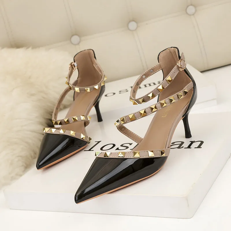 Riveted sexy hollow out black high heels, shallow cut pointed toe, minimalist slim heel sandals