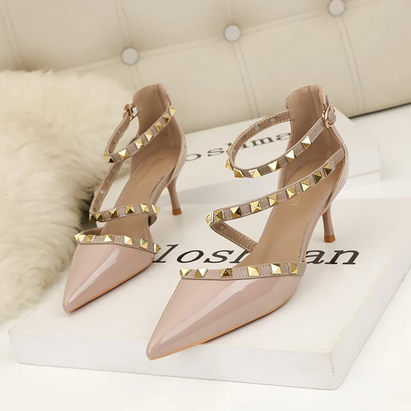 Riveted sexy hollow out black high heels, shallow cut pointed toe, minimalist slim heel sandals