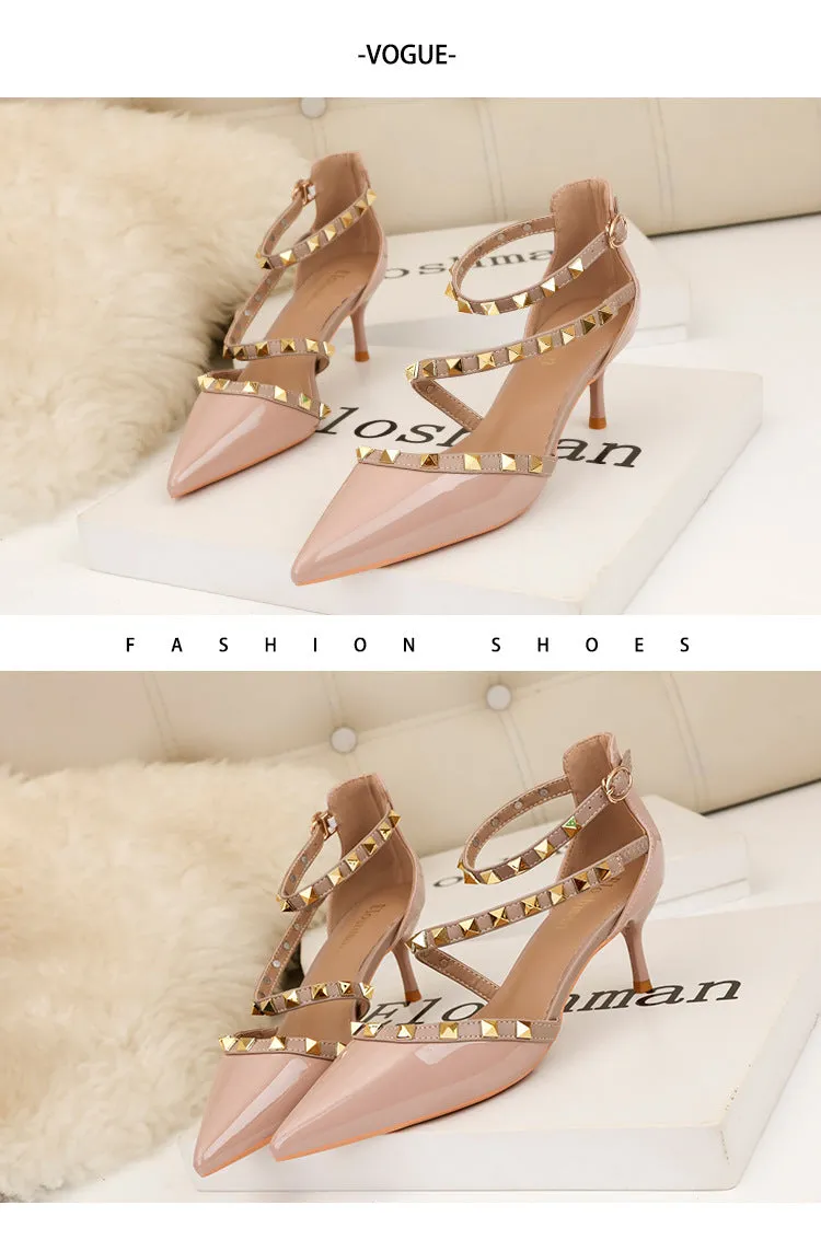 Riveted sexy hollow out black high heels, shallow cut pointed toe, minimalist slim heel sandals