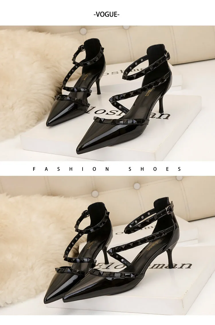 Riveted sexy hollow out black high heels, shallow cut pointed toe, minimalist slim heel sandals