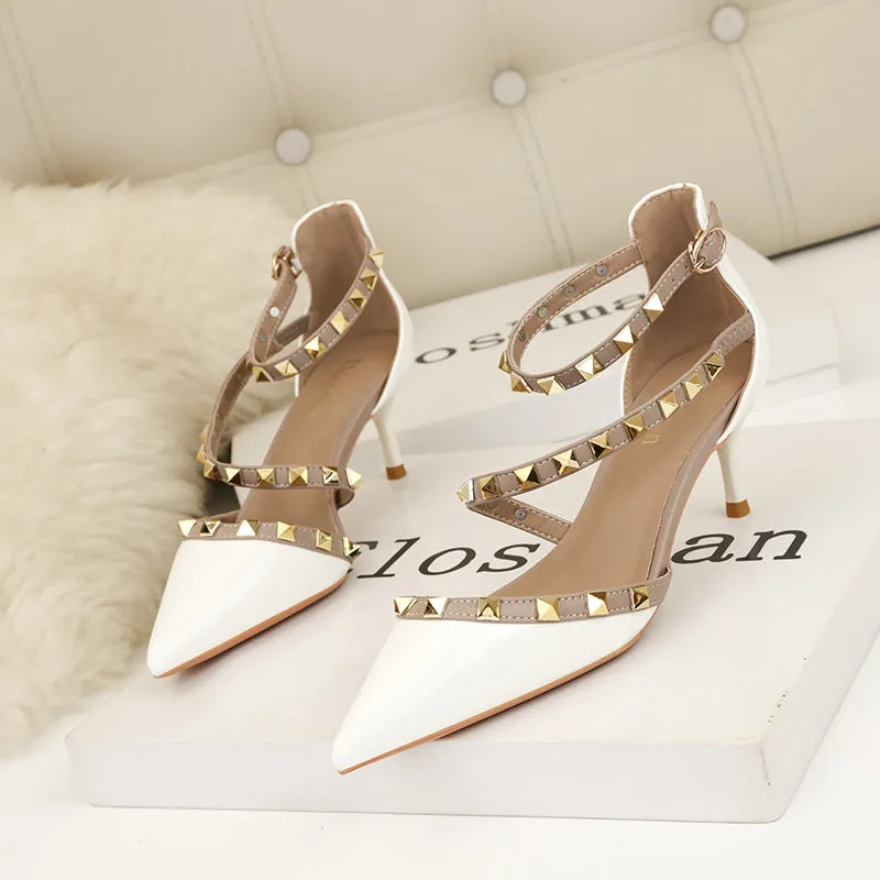 Riveted sexy hollow out black high heels, shallow cut pointed toe, minimalist slim heel sandals