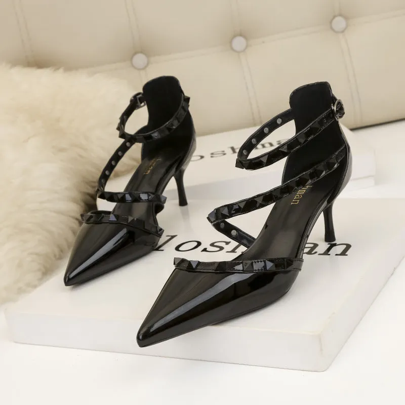 Riveted sexy hollow out black high heels, shallow cut pointed toe, minimalist slim heel sandals