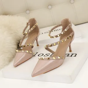 Riveted sexy hollow out black high heels, shallow cut pointed toe, minimalist slim heel sandals