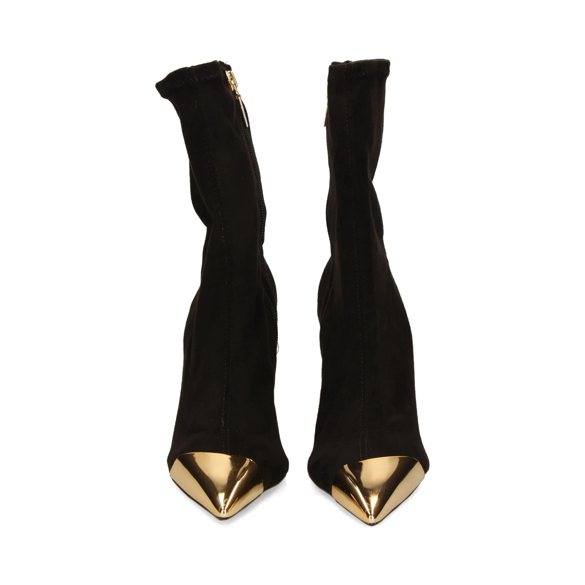 Schutz Luh Black Stretch Suede Gold Pointed Toe Stiletto Heel Fitted Ankle Boots
