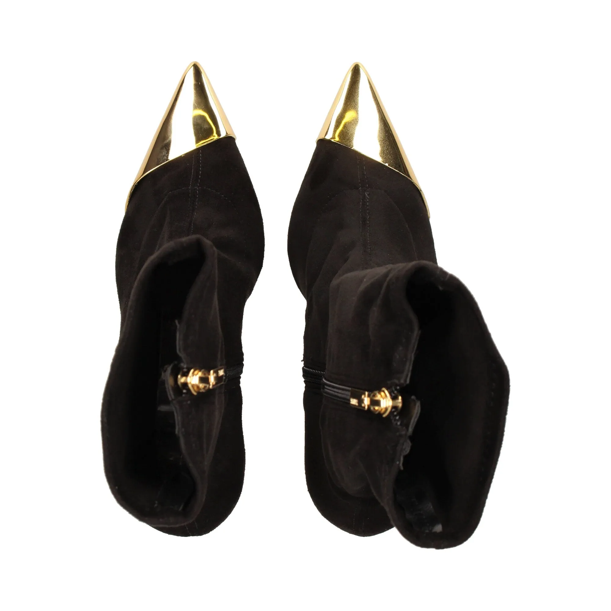 Schutz Luh Black Stretch Suede Gold Pointed Toe Stiletto Heel Fitted Ankle Boots