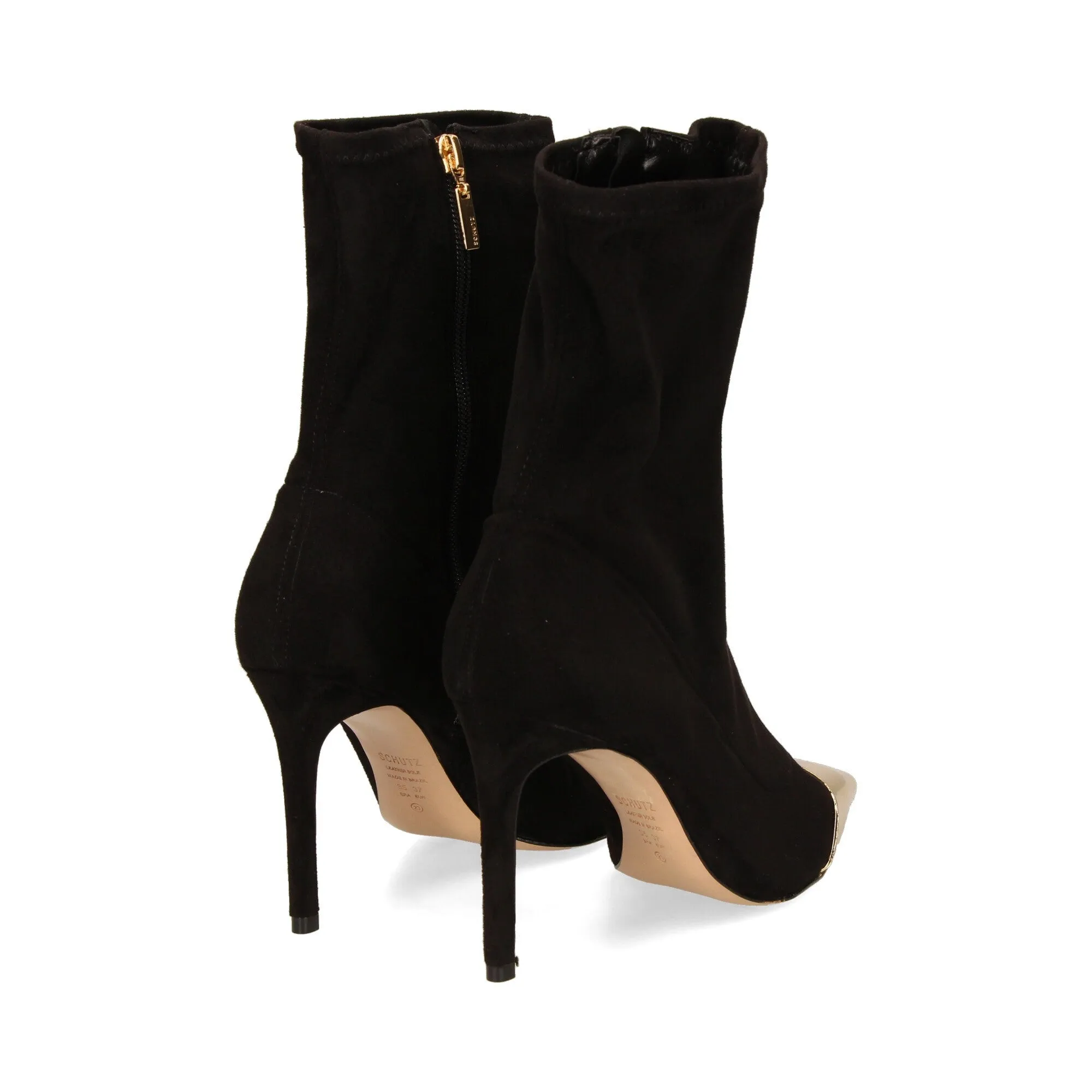 Schutz Luh Black Stretch Suede Gold Pointed Toe Stiletto Heel Fitted Ankle Boots