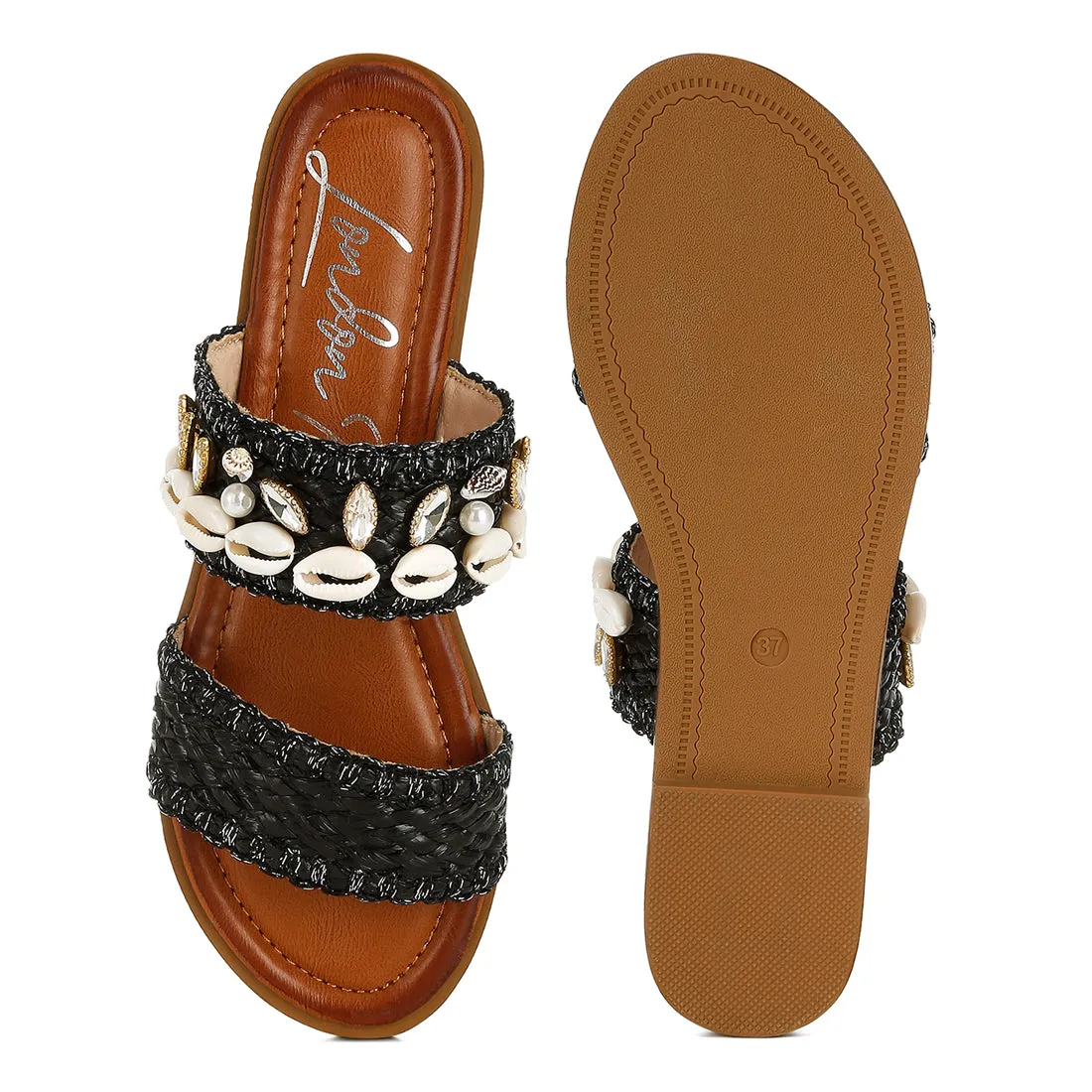 Shell & Diamante Slip On Sandals