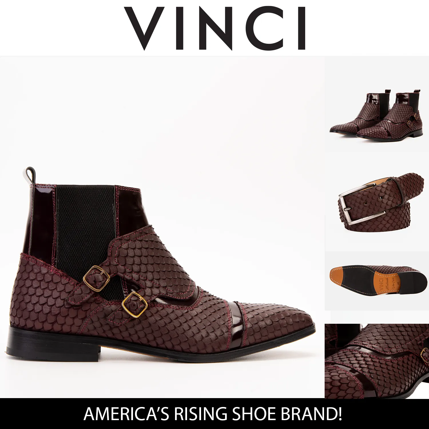 The Orion Burgundy Snakeskin Pattern Leather Double Monk Strap Boot