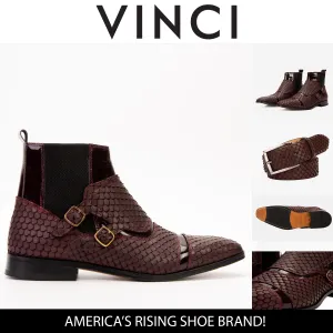The Orion Burgundy Snakeskin Pattern Leather Double Monk Strap Boot