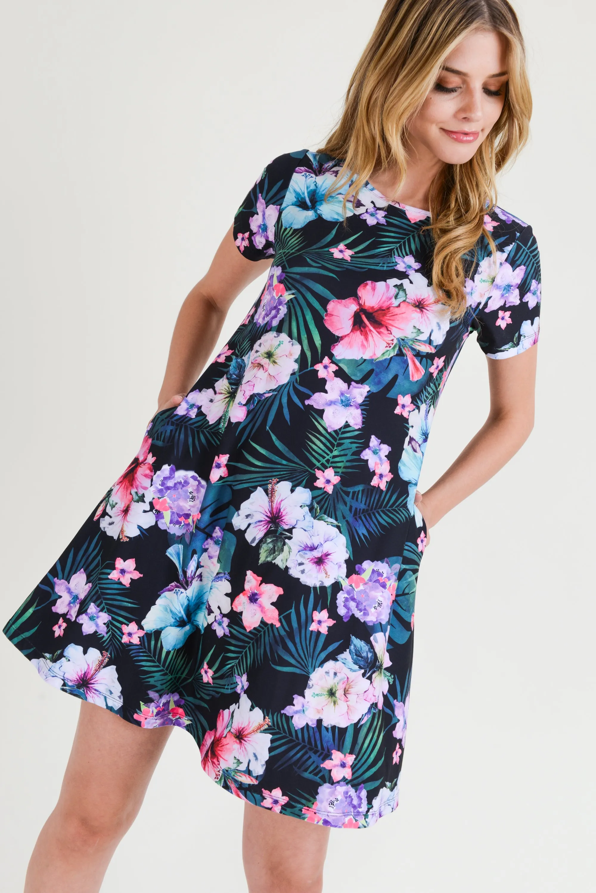 Tropical Floral Short Sleeve Skater Dress